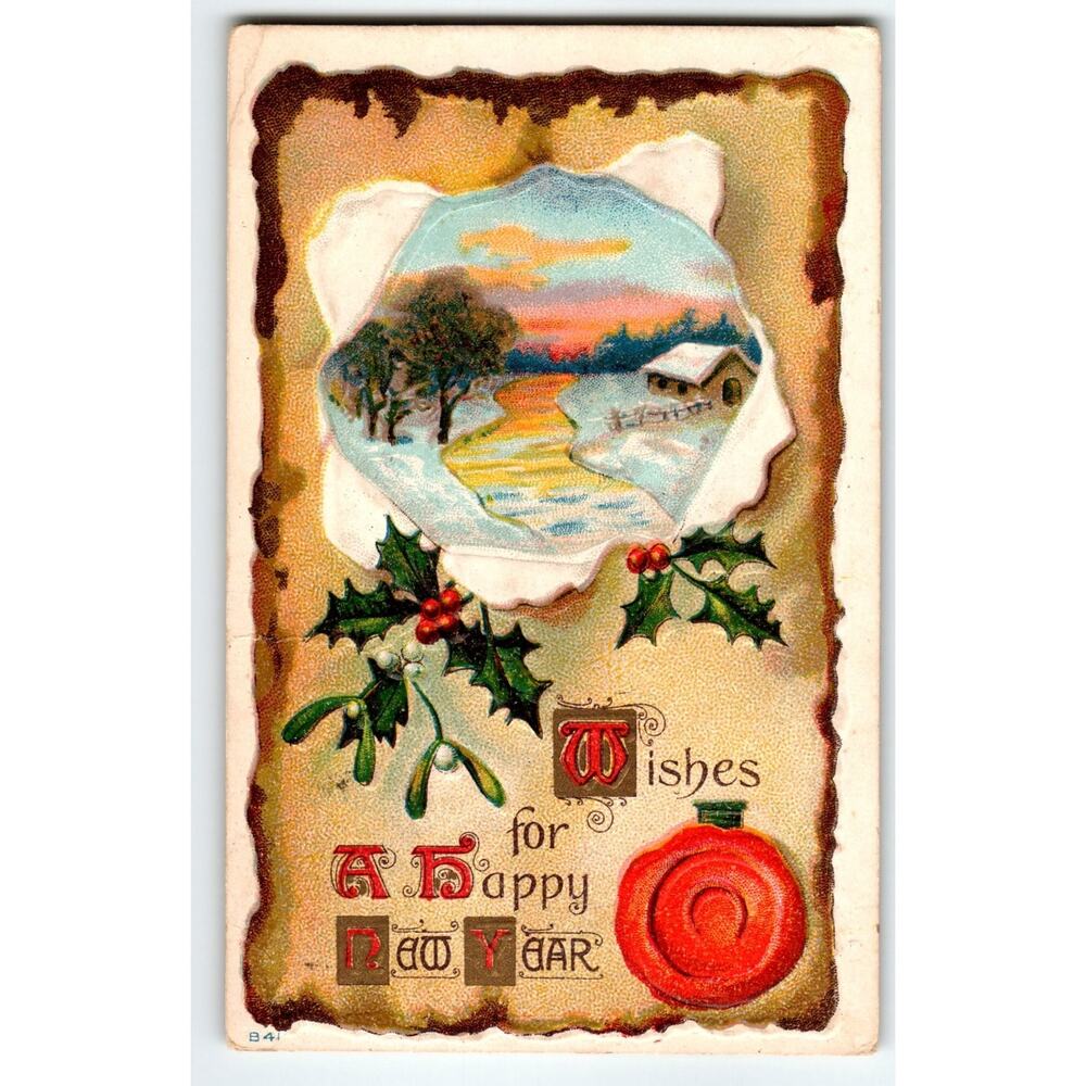 Vintage 1907-1915 New Year Lithograph Postcard Winter Landscape & Holly